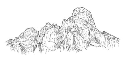 Rocky alpine mountain scenery landscape, ink sketch style isolated on white background vector