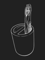 Toothbrush in cupholder. Vector line art illustration on black background