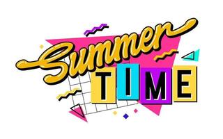 Summer time - hand drawn 90s style vivid lettering illustration. Isolated vector typography phrase with geometric shapes on background. Colorful calligraphy design element. For web, print, fashion