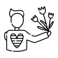 Man with flowers, vector black line illustration