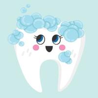 Vector doodle sticker. Cartoon tooth in toothpaste foam. All objects are repainted.