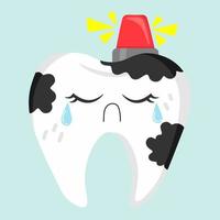 Vector doodle sticker. Cartoon sick tooth with caries. All objects are repainted.