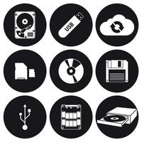 Data storage icons set. White on a black background vector