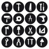 Construction and repair tools, working tools icons. White on a black background vector