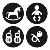 Toys and accessories for kids icons. White on a black bacgkround vector