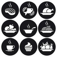 conjunto de iconos de comida y bebida. blanco sobre un fondo negro vector