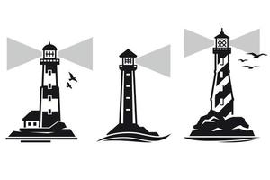 Vector lighthouse icon with ocean waves and seagulls. Black on a white background