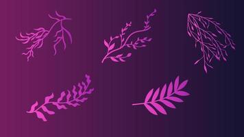 Set of branch purple gradient of a plant with leaves and a silhouette of a bird for a beauty salon vector