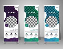 Creative business agency stands roll up banner design stands template layout for exhibition with Three colors. vector