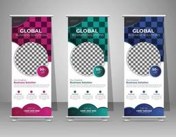 Creative business agency stands roll up banner design stands template layout for exhibition with Three colors. vector