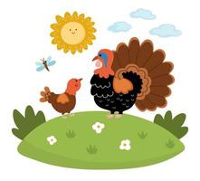 pavo vectorial con bebé en el césped bajo el sol. ilustración de escena familiar de dibujos animados lindo para niños. aves de granja en el fondo de la naturaleza. imagen colorida de animales de madre y bebé para niños vector