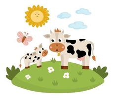 Vector cow with baby on a lawn under the sun. Cute cartoon family scene illustration for kids. Farm animals on natural background. Colorful flat mother and baby picture for children