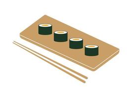 sushi de comida japonesa en tablero de madera con palillos de sushi vector