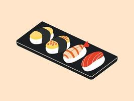 sushi de comida japonesa en tablero de madera con palillos de sushi vector