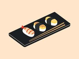 sushi de comida japonesa en tablero de madera con palillos de sushi vector