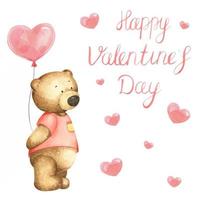 Watercolor teddy bear with red heart air balloon. Card for Valentine's day. Watercolor postcard for Valentine's day. Happy Valentine's day vector