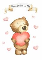 Watercolor teddy bear with red heart. Card for Valentine's day. Watercolor postcard for Valentine's day. Happy Valentine's day vector