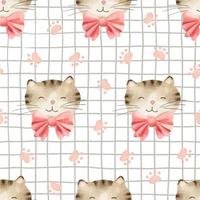 Watercolor seamless pattern with the face of a cute brown cat in a pink bow tie and cat tracks on a checkered background. Background for children's room, textiles, clothing and other design vector