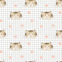 Watercolor seamless pattern with the face of a cute brown cat and heards on a checkered background. Hand-drawn illustration. Background for children's room, textiles, clothing and other design vector