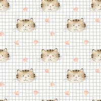 Watercolor seamless pattern with the face of a cute brown cat and heards on a checkered background. Hand-drawn illustration. Background for children's room, textiles, clothing and other design vector