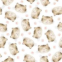 Watercolor seamless pattern with the face of a cute brown cat and cat tracks on a white background. Hand-drawn illustration. Background for children's room, textiles, clothing and other design vector