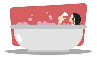 woman soaking in the tub and drinking wine. bathtub. soap. suitable for women's themes, cleanliness, relaxing. flat vector illustration