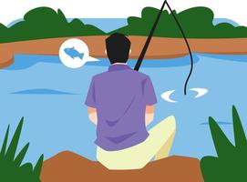 man fishing in the river with fishing rod. back view. fish icon. the concept of hobbies, holidays, activities, nature. flat vector illustration