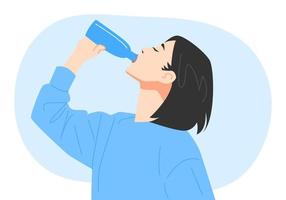 young woman with short hair is drinking mineral water from a bottle. side view, half body. isolated blue background. concept of health, drink, fit, etc. fla vector
