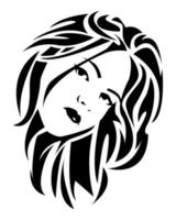 black and white illustration of a beautiful girl's face with abstract long hair. isolated white background. vector flat illustration.