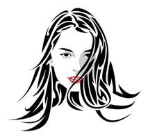 black and white portrait of a beautiful young woman with long hair. abstract hair exposed to the wind. isolated white background. flat vector illustration.