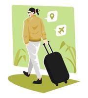 illustration of man with ponytail back view walking with suitcase, preparing to travel, vacation. airplane icon, location icon. green background and leaves. flat vector style