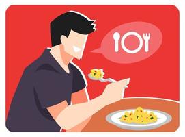 illustration of a man eating food at the table. showing cutlery, fork, spoon, plate icons. isolated red background. concepts of health, food, nutrition, needs, etc. flat vector