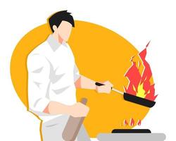 illustration of male chef cooking with fire. chef's unique skills and performance. isolated on an orange background. suitable for cooking themes, professions, hobbies, acrobatics, etc. flat vector