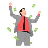 successful male businessman celebration. surrounded by lots of money. money rain. concept of business, job, etc. vector illustration in flat style.