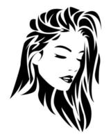 black and white illustration of a beautiful woman's face with abstract wavy long hair. facing side. isolated white background. vector flat illustration.