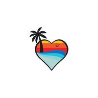 diseño del logotipo del corazón. logo palma, pájaros, playa - plantillas vectoriales. descenso en la isla con palmeras vector