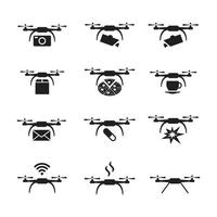 iconos de herramientas de drones y cuadricópteros. conjunto de iconos estilo imágenes vectoriales planas, símbolos blancos, fondo aislado vector