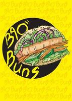 bao buns with tofu, cucumber, onion, carrot and lettuce leaves on a sesame bun vector