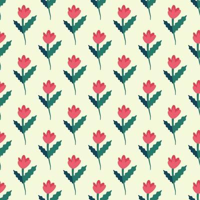 Vibrant seamless vector pattern of red flower with green stem and leaves for wrapping and printing