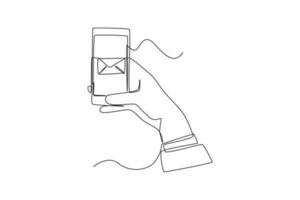 una sola línea de dibujo a mano enviar correo electrónico en el teléfono inteligente. concepto de redes sociales. ilustración de vector gráfico de diseño de dibujo de línea continua.