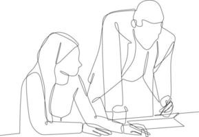 Continuous one line drawing businessman team analyzing project planning. Project planning concept. Single line draw design vector graphic illustration.