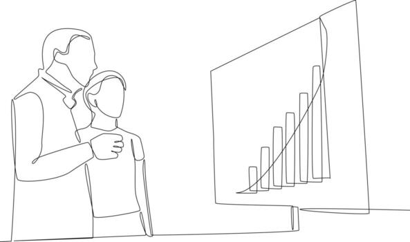 Continuous one line drawing businessman team analyzing project planning. Project planning concept. Single line draw design vector graphic illustration.