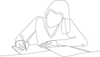 Continuous one line drawing smart businesswoman writing business plan on paper. Project planning concept. Single line draw design vector graphic illustration.