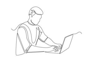 Single one line drawing happy businessman typing on laptop. Social media concept. Continuous line draw design graphic vector illustration.