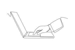 Single one line drawing Hands in work at laptop keyboard with blank monitor screen. Social media concept. Continuous line draw design graphic vector illustration.