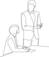 Continuous one line drawing businessman discussing with his staff about project management. Project planning concept. Single line draw design vector graphic illustration.