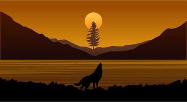 Wallpaper natural landscape of lakes, hills, trees, mountains and wolves at sunset vector