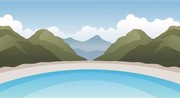 paisaje natural de playas, colinas, montañas y nubes vector