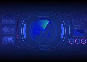 High tech abstract virtual screen. The radar scan screen in the center, the blue and red scales. Energy with a number circle There is a world map display. on a gradient background vector