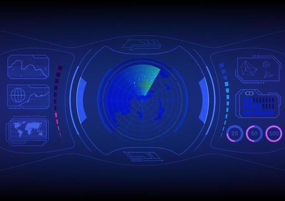 High tech abstract virtual screen. The radar scan screen in the center, the blue and red scales. Energy with a number circle There is a world map display. on a gradient background